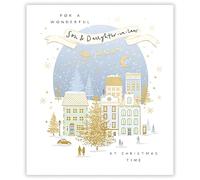 Paperlink Son and Daughter in Law Christmas Card, Single - Christmas Cards with Contemporary Winter Village Design and Special Finishes - Eco-Friendly Xmas Cards with Envelope