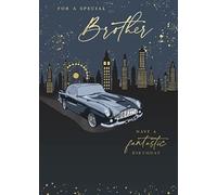 Paperlink 'Special Brother' Male Birthday Card for Men - Classic Car and City Skyline With Gold Foil - Eco-Friendly and Recyclable