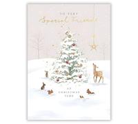 Paperlink Special Friends Christmas Card, Single - Christmas Cards with Snowy Christmas Tree and Animals Design and Special Finish - Eco-Friendly Xmas Cards with Envelope