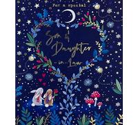 Paperlink Special Son & Daughter-in-Law Christmas Card - Woodland Rabbits and Love Heart Wreath with Foil Details - Eco-Friendly and Recyclable, 177 x 153mm, Blue, Gold, Red