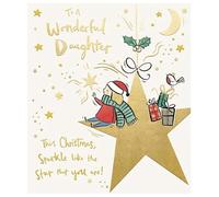 Paperlink Wonderful Daughter Christmas Card - Little Girl and Robin on Hanging Star with Foil and Embossed Details - Eco-Friendly and Recyclable, 230 x 150mm
