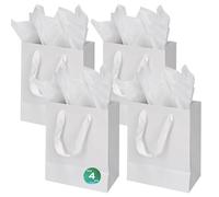 Papertide 4 Pack Small White Gift Bags 17.8x10.2x22.9cm with Tissue Paper, Reusable Mini Gift Bags for wine, Candles, Cosmetics, Birthday, Party Favors, Thank You Gifts