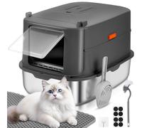 Papettly Extra Large Stainless Steel Litter Box with Lid, Enclosed Cat Litter Box, Black, 58L x 42W x 40H cm, Perfect for Cats