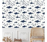 Papier peint adhesif 44 X1000Lcm Poisson D'art De Dessin Animé Papier peint bleu Parfait Pour relooker rapidement un mur ou une Porte, Effet visuel Chic et Moderne Z263643