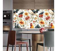 Papier peint adhesif 44 X500Lcm Coq Coloré, Feuilles Vertes Et Fleurs Papier peint fleuri Revêtement autocollant au Style Naturel, idéal Pour Chambre Adulte ou Espace détente Z263667