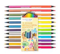 Papierdrachen 12 Bicolour Colouring Pencils - 24 Rich Colours - Set - Wood - Triangle - Shatterproof - School - Nursery - Painting - Children - Metallic Neon