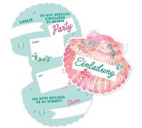 Papierdrachen 12 Invitation Cards Children's Birthday - Shell Shape - Mermaid Theme Party - 350 g Cardboard - Pastel Colours Mint & Pink - Gold Foil