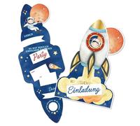 Papierdrachen 12 Invitation Cards Children's Birthday - Space - Rocket Shape - Theme Party - 350 g Cardboard - Dark Blue/Gold - Gold Foil - Boys Girls