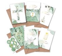Papierdrachen 6 Greetings Cards for Christian Celebrations such as Christening, Communion, Confirmation, Eucalyptus Motif, Folding Cards with Envelope and Matching Stickers, DIN A6, Set 1