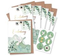 Papierdrachen 6 Invitation Cards for Christian Celebrations such as Christening, Communion, Confirmation, Eucalyptus Motif, Folding Cards with Envelope and Matching Stickers, DIN A6, Set of 3