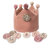 Papierdrachen Birthday Crown Muslin with Numbers - Pink - for Children's Birthday - Muslin Fabric Crown with Button Numbers from 1-8 | Party Decoration Hat for Boys and Girls