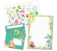 Papierdrachen Letter Pad Set - 50 Colourful Printed Letter Sheets - Writing Paper with Sticker Sheet - 20 Matching Envelopes - Gift Idea for Children - Dinosaur
