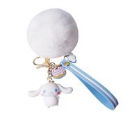 PaPiJoJo Cute Keychains for Girls, Kawaii Pom Pom Fuzzy Key Chain Accessories Wristlet Cartoon Keychain, White, S