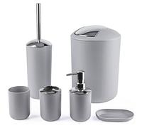 Papillon Bathroom Accessories Set-6 Piece Plastic Gift Set Toothbrush Holder,Toothbrush Cup,Soap Dispenser,Soap Dish,Toilet Brush Holder,Trash Can,Tumbler Straw Set Bathroom (Gray)