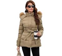 PAPILLON D'OR Women's Belted Mid-Length Puffer Coat - Detachable Faux Fur Collar & Hood, Hidden Fleece Pockets, Dual-Closure Winter Jacket (Beige-Apricot, M)