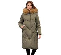 PAPILLON D'OR Women's Long Puffer Coat - Detachable Faux Fur Collar Diamond Quilted Winter Jacket with Dual Closure (Pea-Green, S)