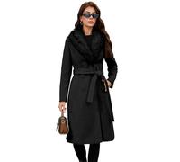 PAPILLON D'OR Women's Long Wool Coat - Double-Breasted Belted Trench with Detachable Faux Fur Collar (Black, M)