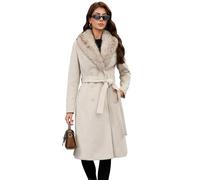 PAPILLON D'OR Women's Long Wool Coat - Double-Breasted Belted Trench with Detachable Faux Fur Collar (Grey-Apricot, XL)