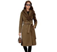 PAPILLON D'OR Women's Long Wool Coat - Double-Breasted Belted Trench with Detachable Faux Fur Collar (Khaki, XL)