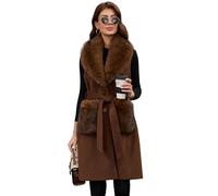 PAPILLON D'OR Women's Long Wool Vest with Belt & Detachable Faux Fur Collar - Classic Button-Up Sleeveless Coat with Faux Fur-Trimmed Pockets