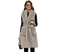 PAPILLON D'OR Women's Long Wool Vest with Belt & Detachable Faux Fur Collar - Classic Button-Up Sleeveless Coat with Faux Fur-Trimmed Pockets