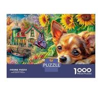 Papillon Family 1000 Piece Sturdy Cardboard Jigsaw Puzzles Cute Dog Among Sunflowers by A Stream for Seniors Memory Improvement Hand Eye Coordination 52x38cm/1000pcs