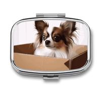 Papillon in The Box Pill Box 2 Compartments Portable Travel Pill Case Mini Medicine Organizer for Pocket Purse Metal Waterproof Medicine Container Holder Vitamin Fish Oil