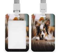 Papillon Lying on Tummy Badge Holders with Push-Pull Slot&Lanyard Waterproof Plastic Vertical Work ID Card Holder Portable Travel Document Protector Detachable Card Protector