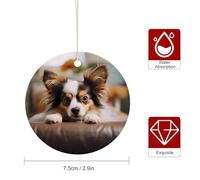 Papillon Lying On Tummy Christmas Ceramic Hanging Ornament Round Double-Side Xmas Tree Decorations with Gold Rope Christmas Pendant for Fireplace Holiday Party Xmas Decoration