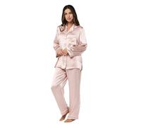 Papinelle Women's Full Length Sylvie Silk Piped Pajama Set - Soft, Classic Button-down Top & Drawstring Waist Pants, Papinelle Pink, M