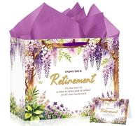Papmiunm Large Retirement Gift Bag, Purple Wisteria and Floral Wrapping Paper Bag, Elegant Retirement Theme Decoration Gift Bag with Ribbon Handle and Greeting Card for Retirement Party