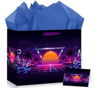 Papmiunm Retro Y2K Neon Sunset Gift Bag Set, Vaporwave Aesthetic Wrapping with Liquid Metal Butterfly, Synthwave Party Supplies for Birthday and Music Festivals