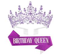 Papoopy Birthday Tiara Crown with Sash for Women, Headband Hair Accessories for Wedding Party Costume (A-Purple)