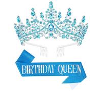 Papoopy Birthday Tiara Crown with Sash for Women, Headband Hair Accessories for Wedding Party Costume (A-Blue)