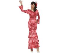 Papootz Womens Spanish Mexican Senorita Flamenco Salsa Latin Dancer Costume Red Polka Dot Ruffle Hem Fancy Dress Flared Sleeve (Womens 10-12)