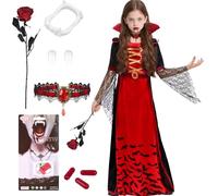 PAPU Gothic Vampire Costume Girls Set, Halloween Royal Vampire Costume Dress Children with Vampire Teeth & Artificial Blood & Vampire Accessories, Vampire Queen Dress Up Elegant Fancy Dress XL (12-15