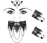 PAPU Halloween Jewellery Set, Gothic Jewellery Set, Lace Necklace & Face Gemstones & Bracelets, Steampunk Vampire Costume, Women's Accessories for Halloween, Carnival, Masquerade