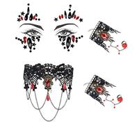 PAPU Halloween Jewellery Set, Gothic Jewellery Set, Lace Necklace & Face Gemstones & Bracelets, Steampunk Vampire Costume, Women's Accessories for Halloween, Carnival, Masquerade