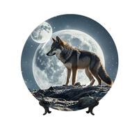 PAQOLSMCKR Bone China Decorative Plate Wolf Under Moon Ceramic Dinner Plates Wolf Under Moon Decorative Plates Stand Ceramic Ornament Art Crafts Porcelain Plate for Living Room Kitchen Table Home
