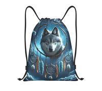 PAQOLSMCKR Drawstring Backpack Sackpack Foldable 3D Wolf Dream Catcher Backpack String Bag Sports Gym Bag for Women Men