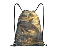 PAQOLSMCKR Drawstring Backpack Sackpack Foldable Dolphin in The Ocean Backpack String Bag Sports Gym Bag for Women Men