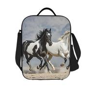 PAQOLSMCKR Lunch Bag for Women Men Portable Insulated Lunch Box Black and White Horses Running Lunch Box Reusable Tote Bags for Work Picnic