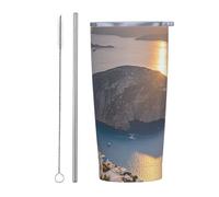 PAQOLSMCKR Stainless Steel Tumbler with Lid 20 Oz acuum Insulated Tumbler Greece Island Sunset Landscape Coffee Mug for Travel Reusable Car Cup Double Wall Insulated Cup for Coffee