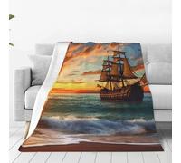PAQOLSMCKR Throw Blanket 50"x40" Bed Blanket pirate ship in the sunset Flannel Blankets for Sofa Reversible Plush Blanket Soft Cozy Throw Blankets for Couch Camping All Seasons