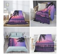 PAQOLSMCKR Throw Blanket 80"x60" Bed Blanket Palm Tree Purple Sun Flannel Blankets for Sofa Reversible Plush Rug Soft Cozy Throw Blankets for Couch Camping All Seasons
