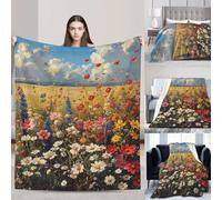 PAQOLSMCKR Throw Blanket Flowers Field Grass Blankets for Sofa Reversible Plush Blanket Soft Cozy Throw Blankets for Couch Camping All Seasons 50"x40"