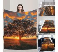 PAQOLSMCKR Throw Blanket Sunrise on Big Tree Blankets for Sofa Reversible Plush Blanket Soft Cozy Throw Blankets for Couch Camping All Seasons 80"x60"