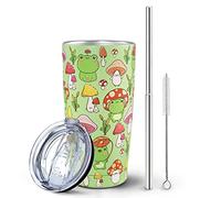 Paqoygl Frog Mushroom Tumbler with Lid and Straw, Cute Mushroom Gifts for Women, Green Cute Frog Cup Water Bottle Coffee Mug, Stainless Steel Vacuum Insulated Tumblers 20 Oz