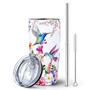 Paqoygl Hummingbird Tumbler with Lid and Straw, Floral Hummingbird Gifts for Women, Colorful Watercolor Hummingbird Cup Water Bottle Coffee Mug Stainless Steel Vacuum Insulated Tumblers 20 Oz