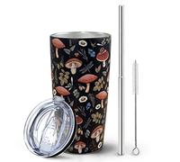 Paqoygl Mushroom Tumbler with Lid and Straw, Cute Leaf Floral Mushroom Gifts, Black Stainless Steel Vacuum Insulated Tumblers 20 Oz